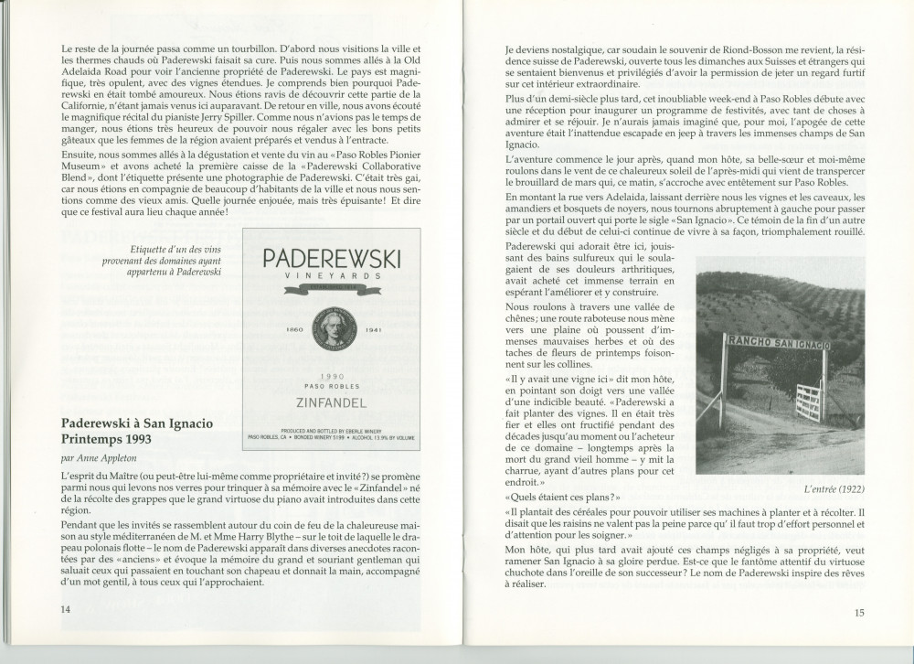 «Paderewski at Chimney Rock Ranch (Spring of 1993)» – Récit dactylographié d'Anne Appleton-Strakacz (fille du secrétaire du maître) sur Paso Robles, écrit et/ou publié probablement au printemps 1993