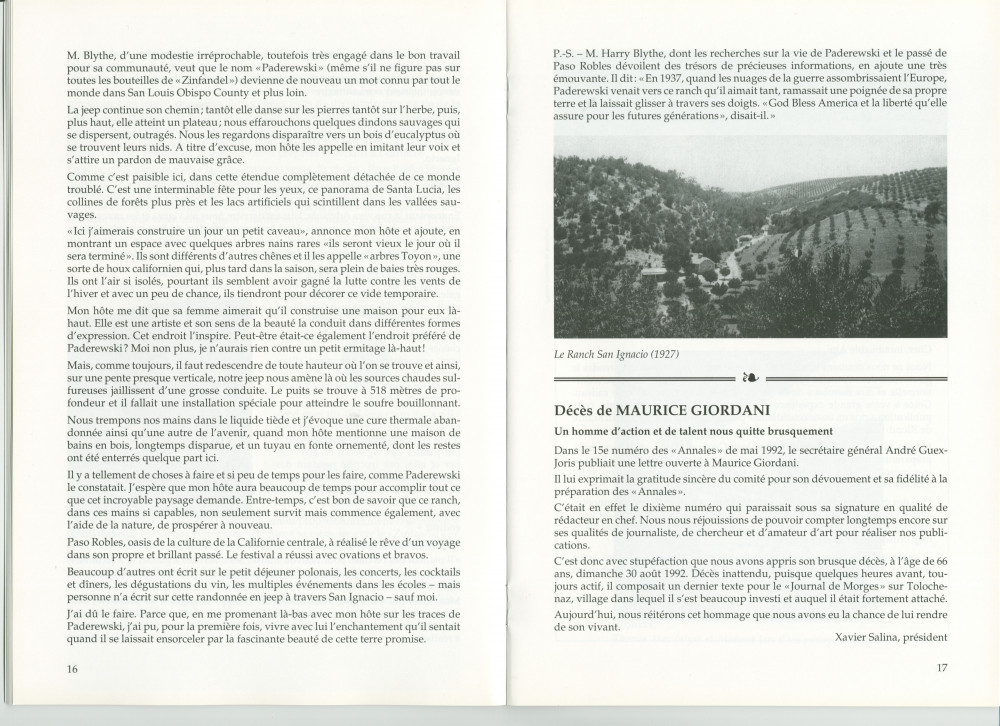 «Paderewski at Chimney Rock Ranch (Spring of 1993)» – Récit dactylographié d'Anne Appleton-Strakacz (fille du secrétaire du maître) sur Paso Robles, écrit et/ou publié probablement au printemps 1993