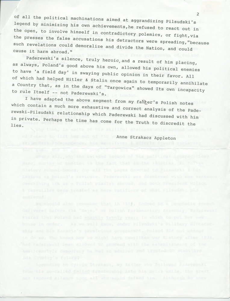 Récit dactylographié d'Anne Appleton-Strakacz sur Paderewski homme politique, d'après le témoignage de son père, Sylwin Strakacz, secrétaire du maître