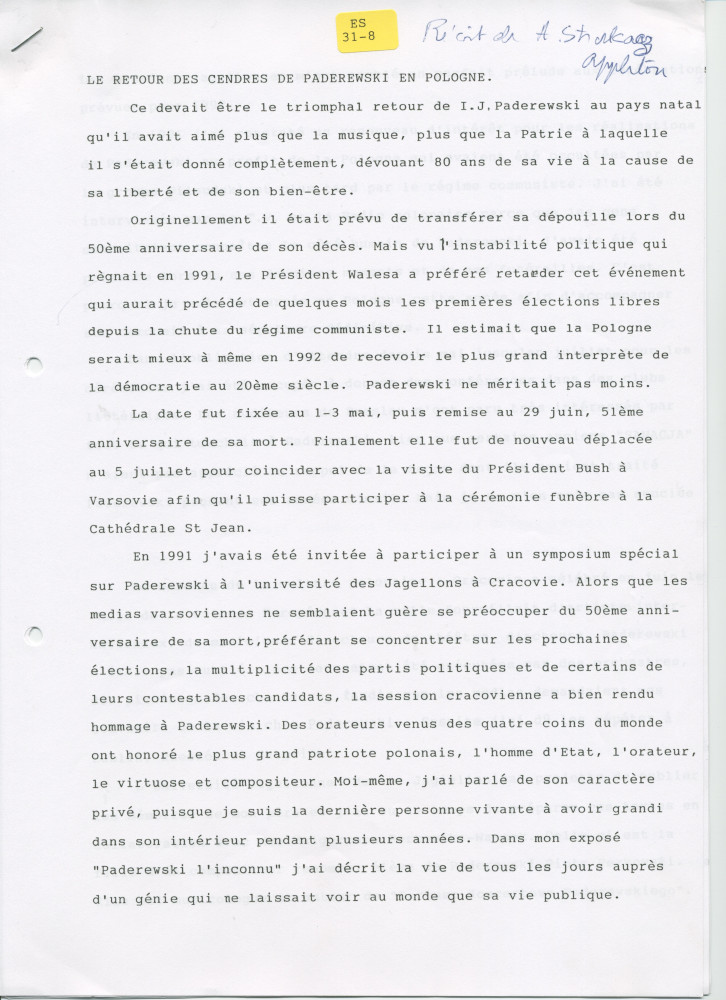 «Le retour de Paderewski dans sa patrie» – Récit dactylographié d'Anne Appleton-Strakacz sur la translation de la dépouille mortelle de Paderewski du cimetière national d'Arlington (USA) à la cathédrale Saint-Jean de Varsovie, au début de l'été 1992