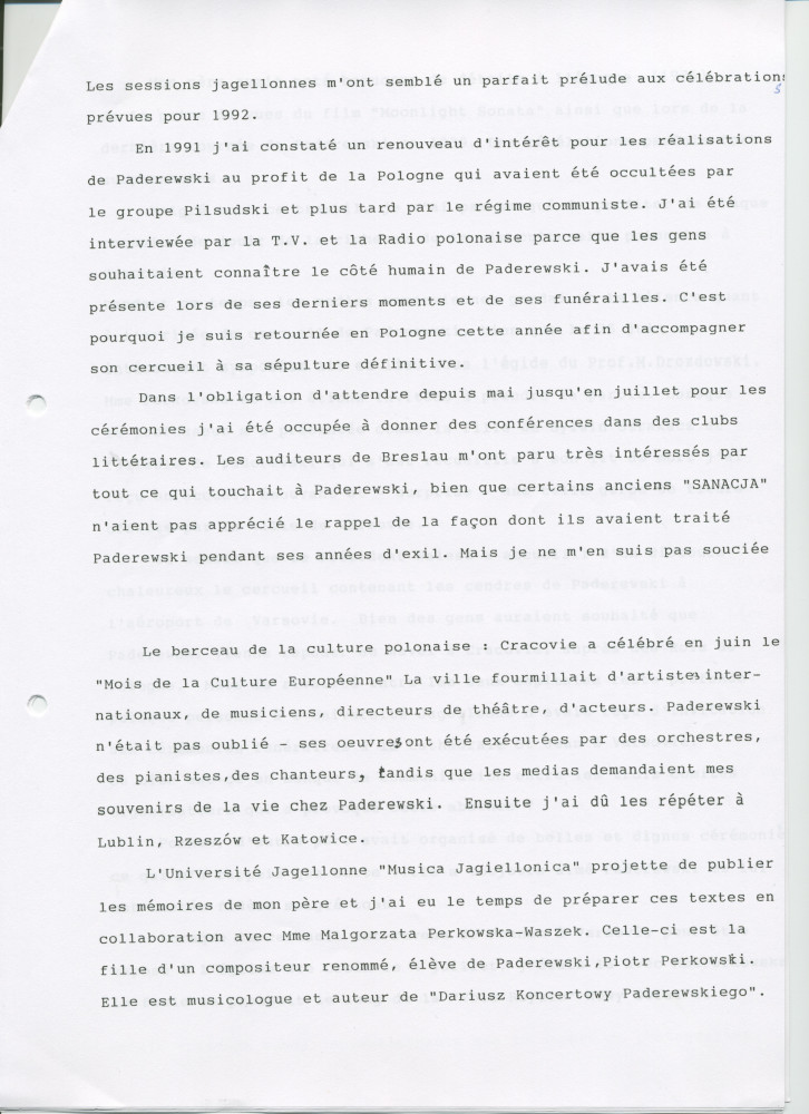 «Le retour de Paderewski dans sa patrie» – Récit dactylographié d'Anne Appleton-Strakacz sur la translation de la dépouille mortelle de Paderewski du cimetière national d'Arlington (USA) à la cathédrale Saint-Jean de Varsovie, au début de l'été 1992