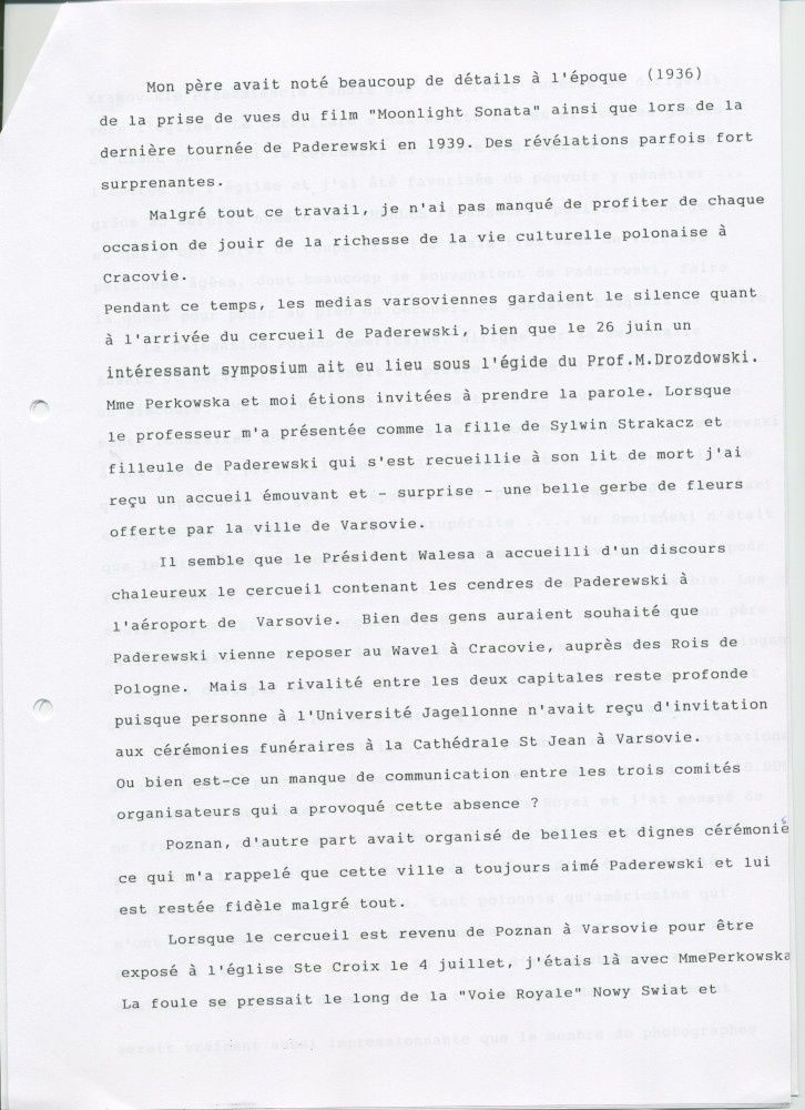«Le retour de Paderewski dans sa patrie» – Récit dactylographié d'Anne Appleton-Strakacz sur la translation de la dépouille mortelle de Paderewski du cimetière national d'Arlington (USA) à la cathédrale Saint-Jean de Varsovie, au début de l'été 1992