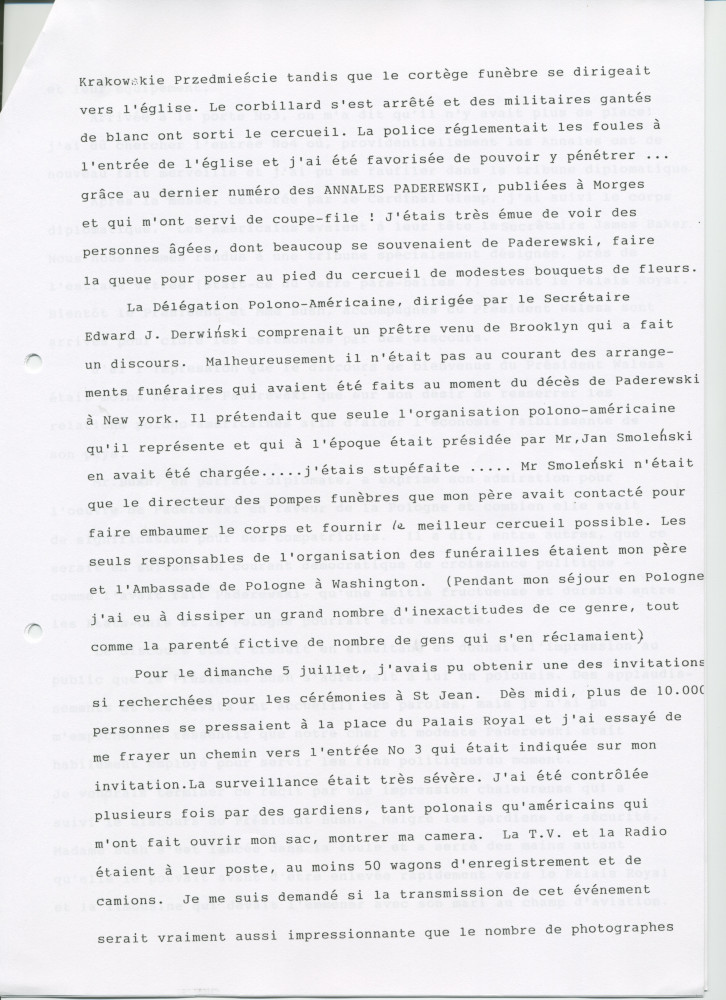 «Le retour de Paderewski dans sa patrie» – Récit dactylographié d'Anne Appleton-Strakacz sur la translation de la dépouille mortelle de Paderewski du cimetière national d'Arlington (USA) à la cathédrale Saint-Jean de Varsovie, au début de l'été 1992