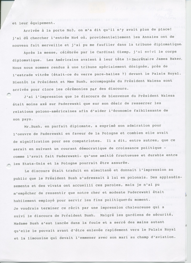«Le retour de Paderewski dans sa patrie» – Récit dactylographié d'Anne Appleton-Strakacz sur la translation de la dépouille mortelle de Paderewski du cimetière national d'Arlington (USA) à la cathédrale Saint-Jean de Varsovie, au début de l'été 1992