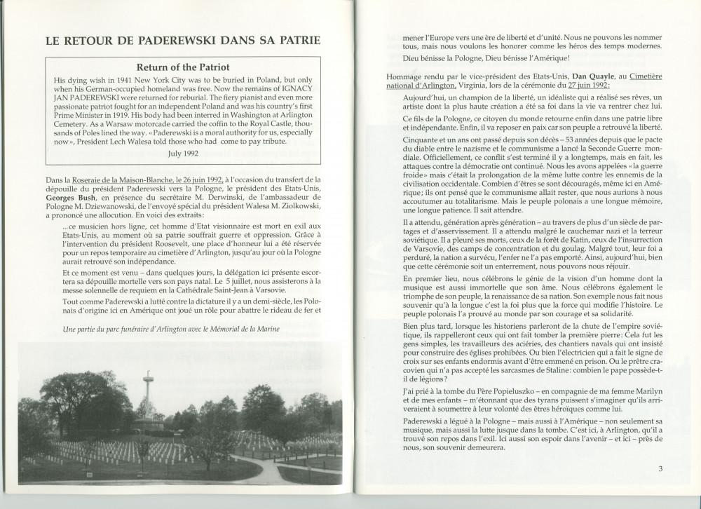 «Le retour de Paderewski dans sa patrie» – Récit dactylographié d'Anne Appleton-Strakacz sur la translation de la dépouille mortelle de Paderewski du cimetière national d'Arlington (USA) à la cathédrale Saint-Jean de Varsovie, au début de l'été 1992