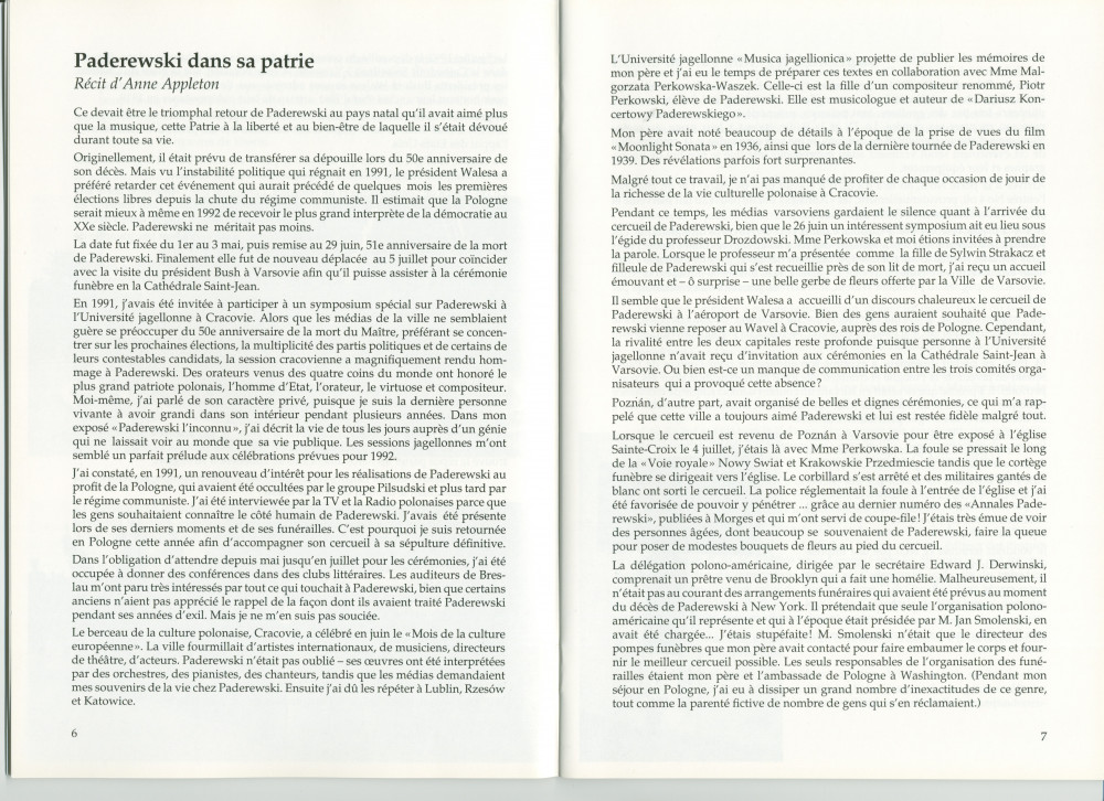 «Le retour de Paderewski dans sa patrie» – Récit dactylographié d'Anne Appleton-Strakacz sur la translation de la dépouille mortelle de Paderewski du cimetière national d'Arlington (USA) à la cathédrale Saint-Jean de Varsovie, au début de l'été 1992