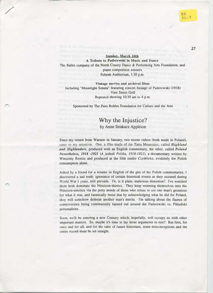 «Why the Injustice?» [Pourquoi l'injustice?] – Récit d'Anne Appleton-Strakacz (fille du secrétaire du maître) sur l'héritage politique de Paderewski (vs. Pilsudski…)