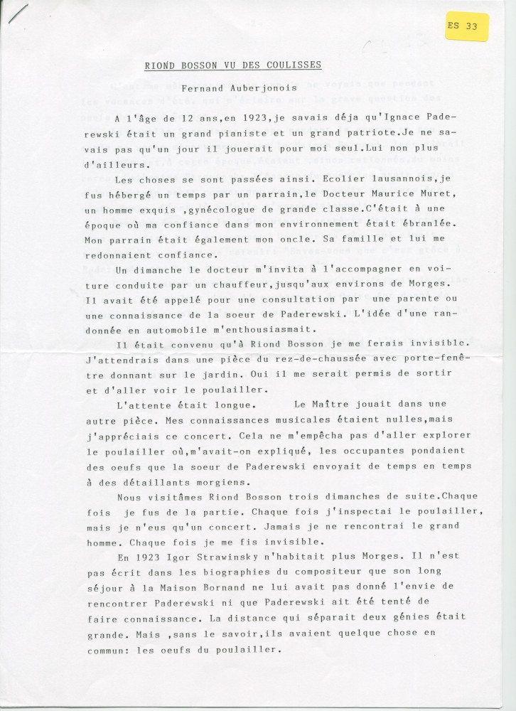 «Riond-Bosson vu des coulisses» – Souvenirs dactylographiés du journaliste Fernand Auberjonois, rédigés probablement en 1992, à propos de sa rencontre, enfant, en 1923, de Paderewski et de son poulailler, ainsi que de la famille Stravinski