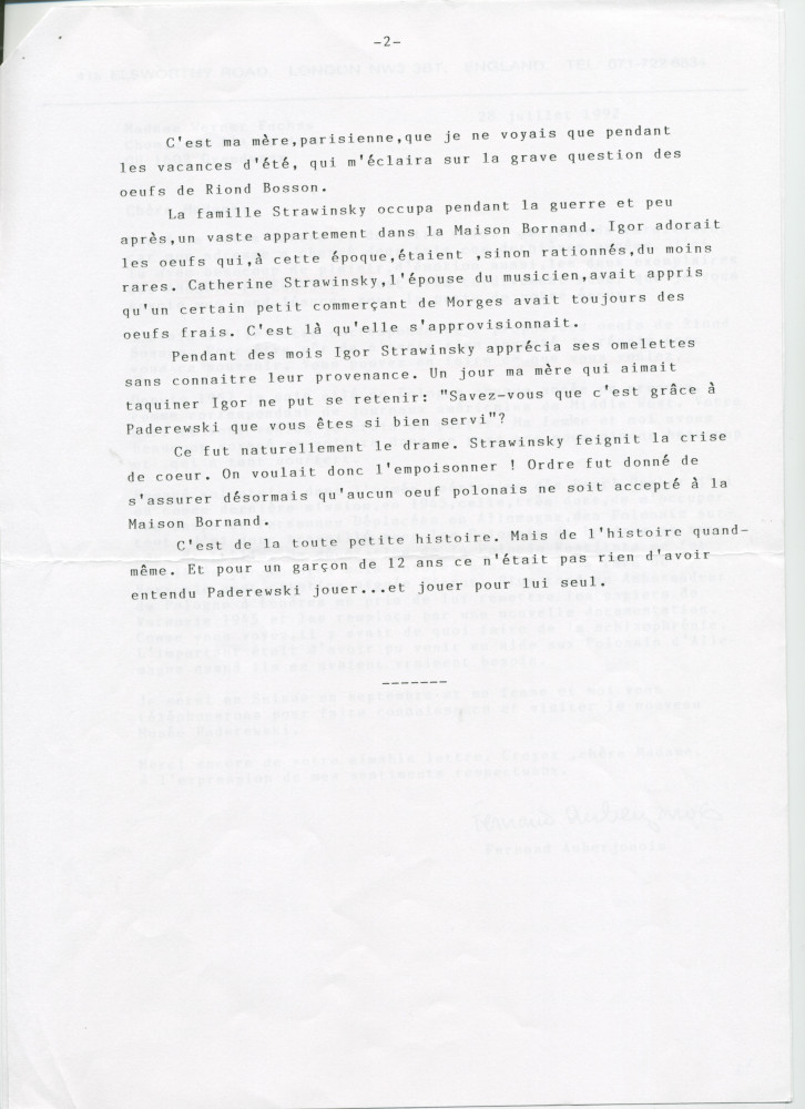 «Riond-Bosson vu des coulisses» – Souvenirs dactylographiés du journaliste Fernand Auberjonois, rédigés probablement en 1992, à propos de sa rencontre, enfant, en 1923, de Paderewski et de son poulailler, ainsi que de la famille Stravinski