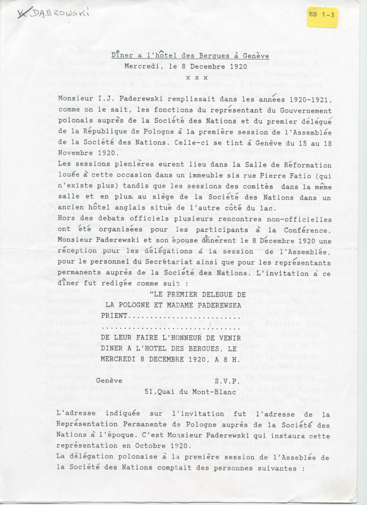 «Dîner à l'hôtel des Bergues à Genève, mercredi 8 décembre 1920» – Traduction française d'un récit en polonais du Prof. Krzysztof Dabrowski