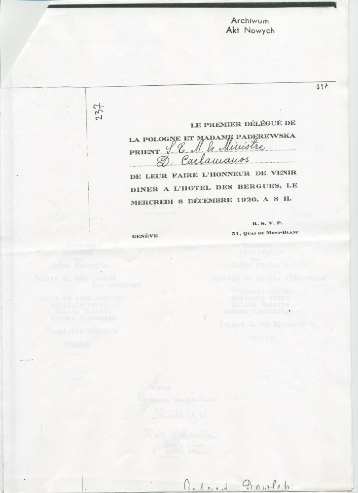 «Dîner à l'hôtel des Bergues à Genève, mercredi 8 décembre 1920» – Traduction française d'un récit en polonais du Prof. Krzysztof Dabrowski