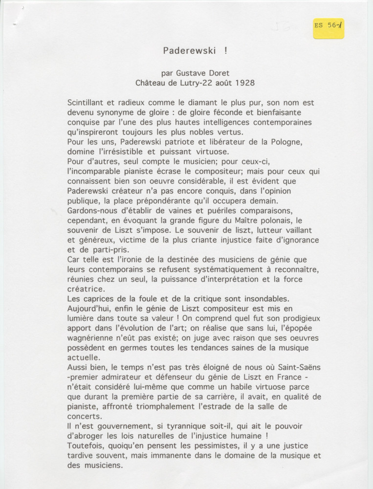 «Paderewski!» – Hommage dactylographié rédigé le 22 août 1928 au château de Lutry par Gustave Doret – Avec traduction polonaise dactylographiée