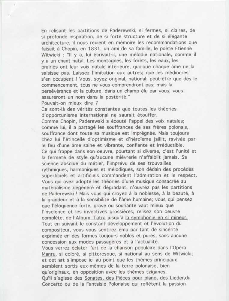 «Paderewski!» – Hommage dactylographié rédigé le 22 août 1928 au château de Lutry par Gustave Doret – Avec traduction polonaise dactylographiée