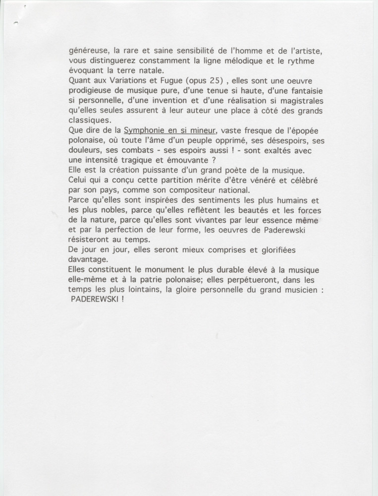 «Paderewski!» – Hommage dactylographié rédigé le 22 août 1928 au château de Lutry par Gustave Doret – Avec traduction polonaise dactylographiée