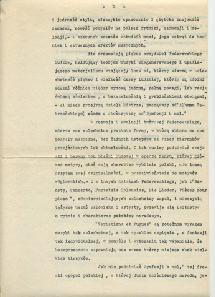 «Paderewski!» – Hommage dactylographié rédigé le 22 août 1928 au château de Lutry par Gustave Doret – Avec traduction polonaise dactylographiée