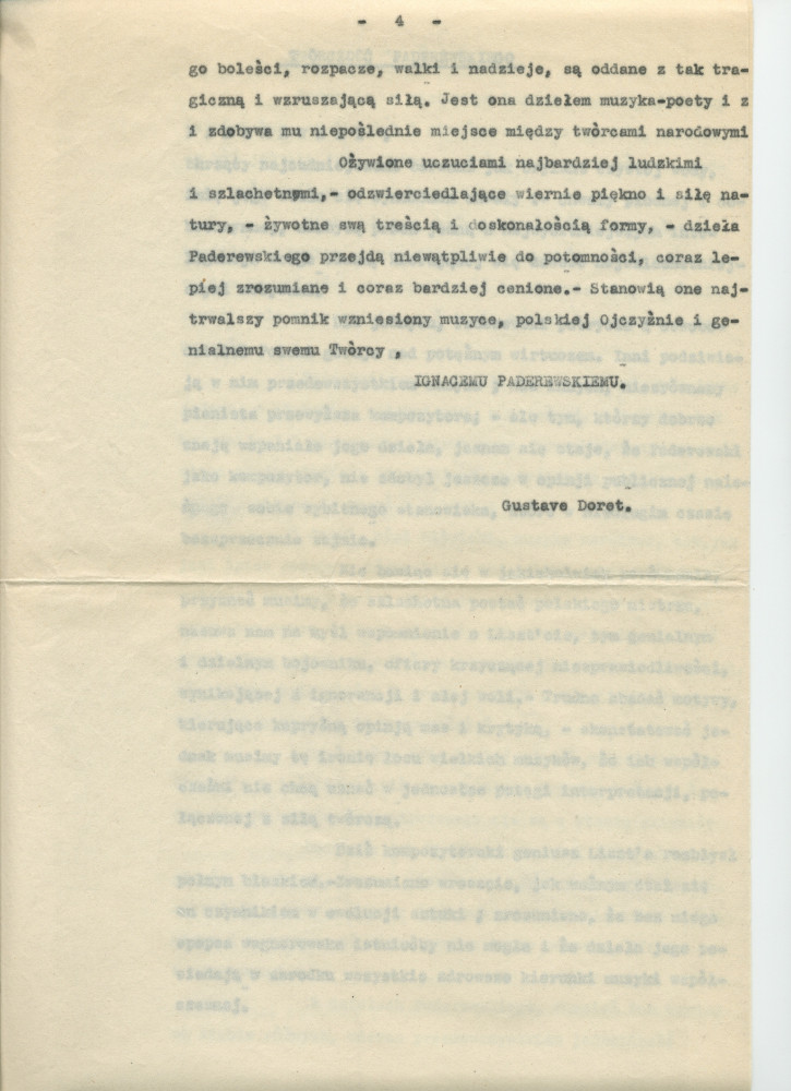 «Paderewski!» – Hommage dactylographié rédigé le 22 août 1928 au château de Lutry par Gustave Doret – Avec traduction polonaise dactylographiée