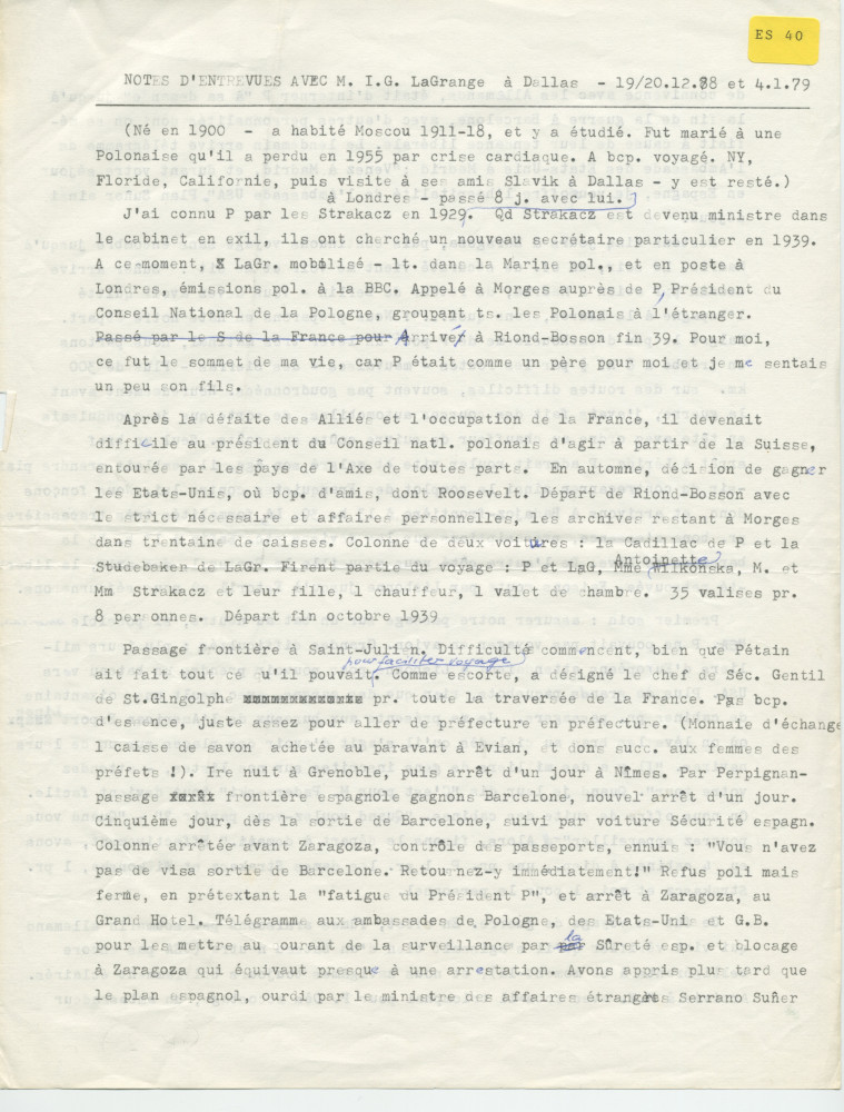 Notes dactylographiées d'entrevues réalisées par Hugo Faesi à Dallas les 19-20 décembre 1978 et 4 janvier 1979 à Dallas avec Ignace G. LaGrange (alias Kollupajlo), dernier secrétaire de Paderewski, au sujet de la fin de vie et de la succession du maître