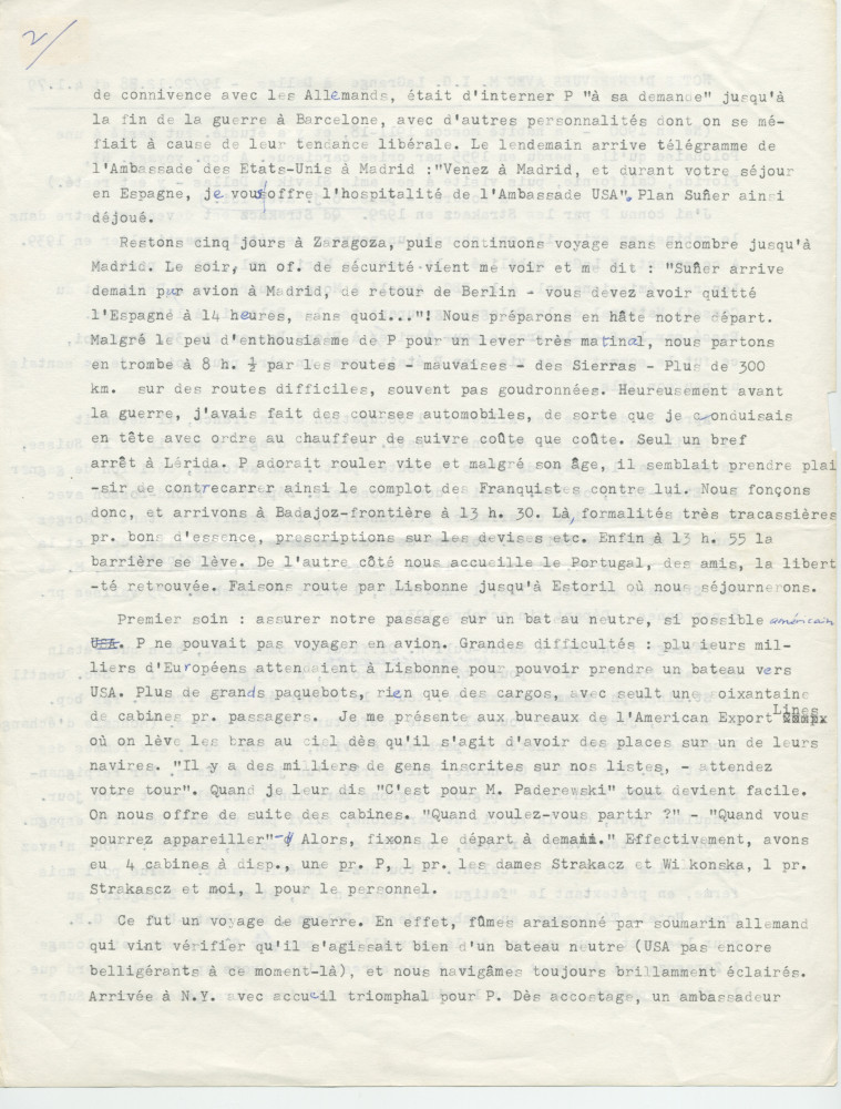 Notes dactylographiées d'entrevues réalisées par Hugo Faesi à Dallas les 19-20 décembre 1978 et 4 janvier 1979 à Dallas avec Ignace G. LaGrange (alias Kollupajlo), dernier secrétaire de Paderewski, au sujet de la fin de vie et de la succession du maître