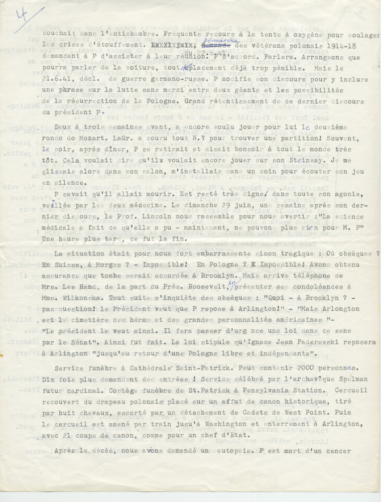 Notes dactylographiées d'entrevues réalisées par Hugo Faesi à Dallas les 19-20 décembre 1978 et 4 janvier 1979 à Dallas avec Ignace G. LaGrange (alias Kollupajlo), dernier secrétaire de Paderewski, au sujet de la fin de vie et de la succession du maître