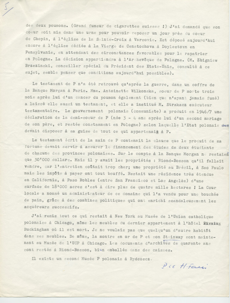 Notes dactylographiées d'entrevues réalisées par Hugo Faesi à Dallas les 19-20 décembre 1978 et 4 janvier 1979 à Dallas avec Ignace G. LaGrange (alias Kollupajlo), dernier secrétaire de Paderewski, au sujet de la fin de vie et de la succession du maître