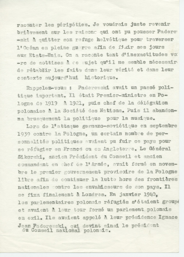 Notes dactylographiées d'entrevues réalisées par Hugo Faesi à Dallas les 19-20 décembre 1978 et 4 janvier 1979 à Dallas avec Ignace G. LaGrange (alias Kollupajlo), dernier secrétaire de Paderewski, au sujet de la fin de vie et de la succession du maître