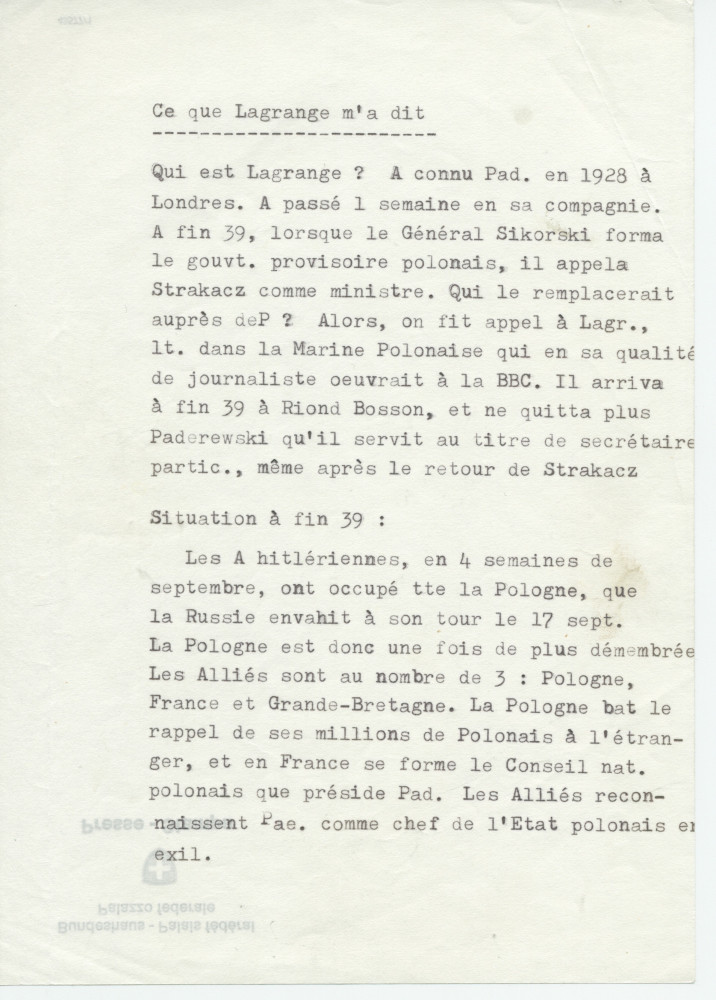 Notes dactylographiées d'entrevues réalisées par Hugo Faesi à Dallas les 19-20 décembre 1978 et 4 janvier 1979 à Dallas avec Ignace G. LaGrange (alias Kollupajlo), dernier secrétaire de Paderewski, au sujet de la fin de vie et de la succession du maître