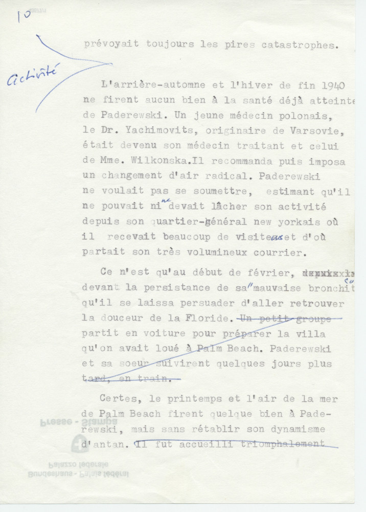 Notes dactylographiées d'entrevues réalisées par Hugo Faesi à Dallas les 19-20 décembre 1978 et 4 janvier 1979 à Dallas avec Ignace G. LaGrange (alias Kollupajlo), dernier secrétaire de Paderewski, au sujet de la fin de vie et de la succession du maître