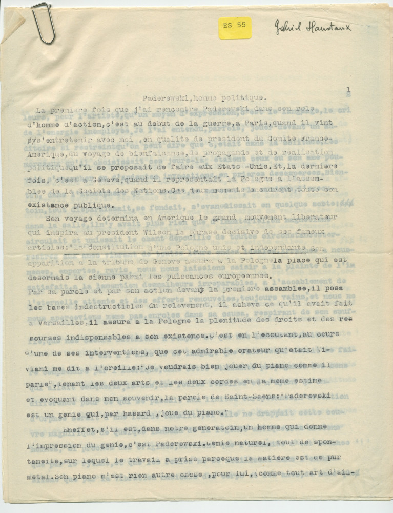 «Paderewski, homme politique» – Texte dactylographié rédigé par Gabriel Hanotaux de l'Académie française (sans réf. de date ni de publication)