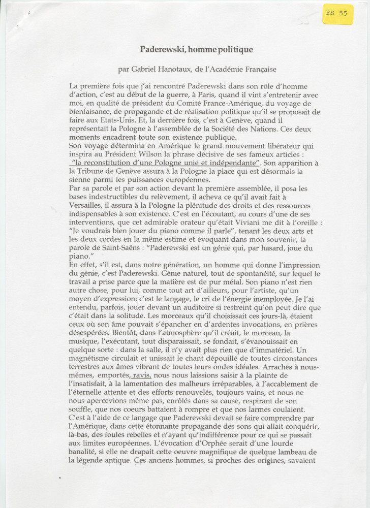 «Paderewski, homme politique» – Texte dactylographié rédigé par Gabriel Hanotaux de l'Académie française (sans réf. de date ni de publication)
