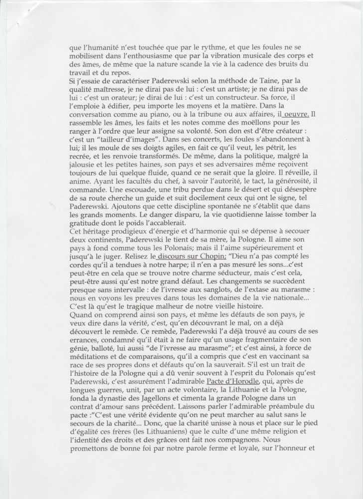 «Paderewski, homme politique» – Texte dactylographié rédigé par Gabriel Hanotaux de l'Académie française (sans réf. de date ni de publication)
