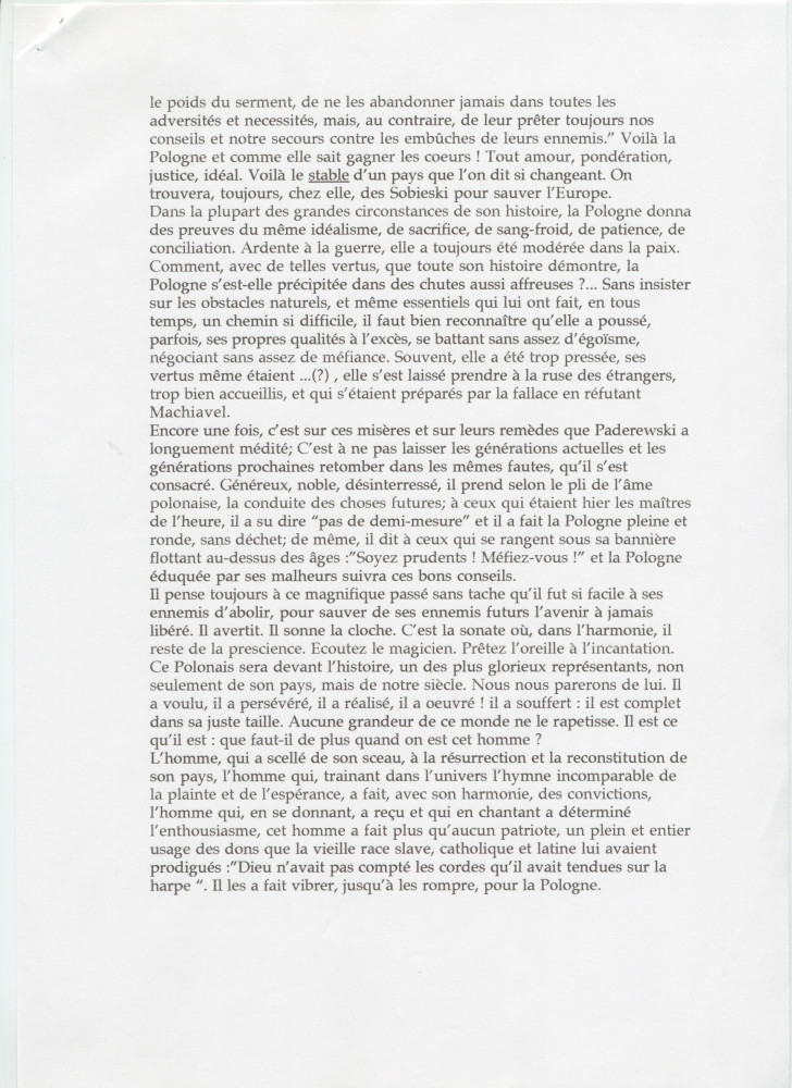 «Paderewski, homme politique» – Texte dactylographié rédigé par Gabriel Hanotaux de l'Académie française (sans réf. de date ni de publication)