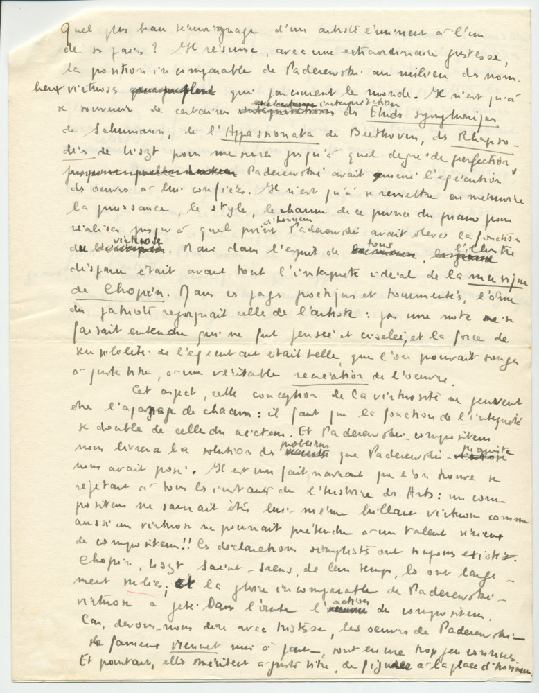 «Hommage à Paderewski» – Texte manuscrit rédigé par le journaliste Henri Jaton à la suite de la disparition du maître (sans réf. de publication) (avec saisie dactylographiée)