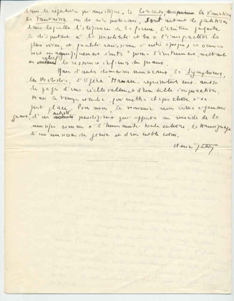 «Hommage à Paderewski» – Texte manuscrit rédigé par le journaliste Henri Jaton à la suite de la disparition du maître (sans réf. de publication) (avec saisie dactylographiée)