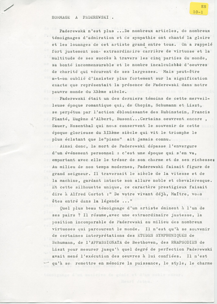 «Hommage à Paderewski» – Texte manuscrit rédigé par le journaliste Henri Jaton à la suite de la disparition du maître (sans réf. de publication) (avec saisie dactylographiée)