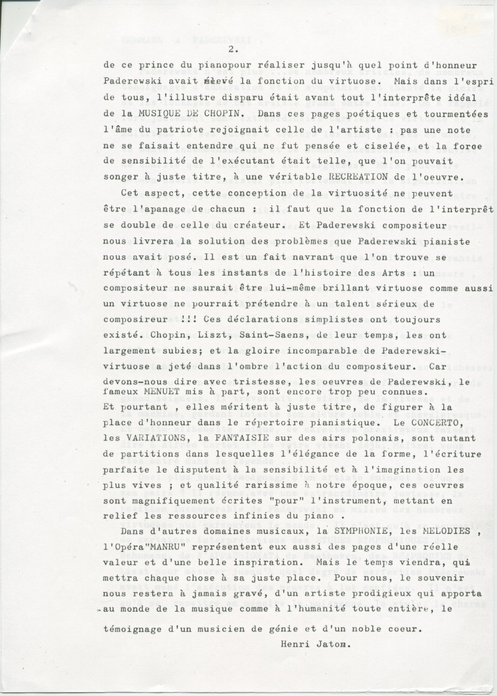 «Hommage à Paderewski» – Texte manuscrit rédigé par le journaliste Henri Jaton à la suite de la disparition du maître (sans réf. de publication) (avec saisie dactylographiée)