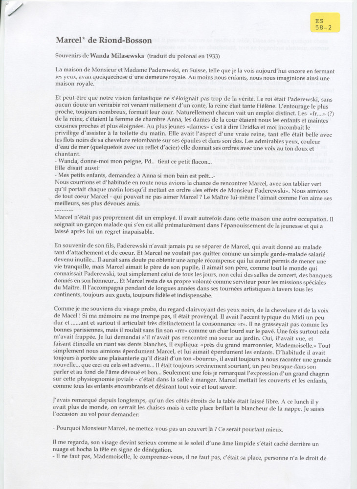 «Marcel [Sentou] de Riond-Bosson [valet de Paderewski] – souvenirs de Wanda Milaszewska» traduits en français en 1933 (sans réf. de publication)