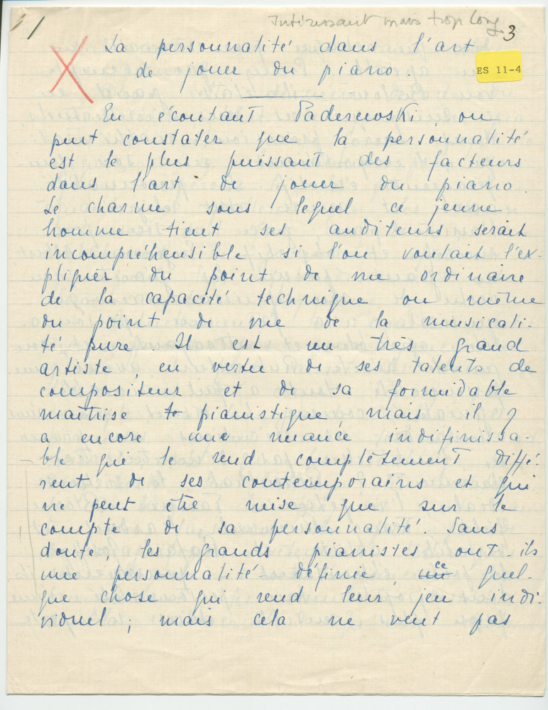 «La personnalité dans l'art de jouer du piano» – Texte manuscrit rédigé par Lydia Opienska-Barblan (sans réf. de publication) (avec saisie dactylographiée en 3 étapes)