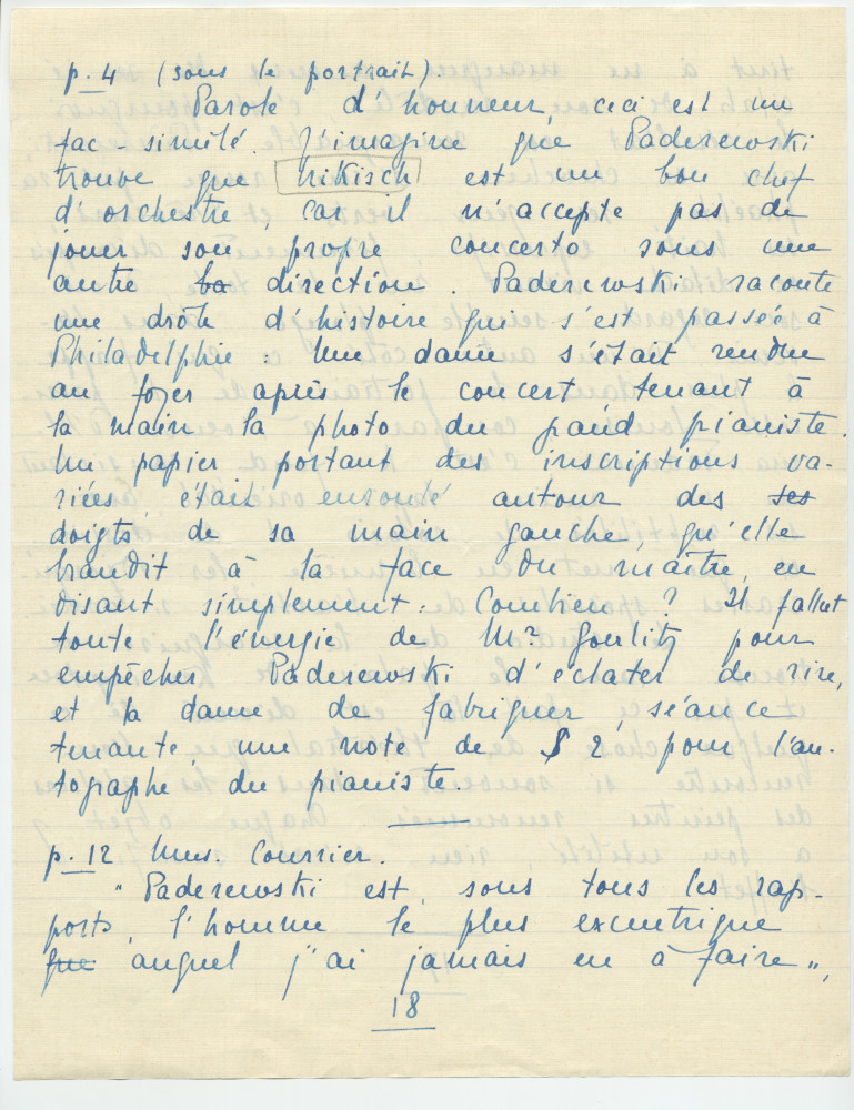 Reproduction manuscrite de divers articles de presse sur Paderewski (sans réf. claires la plupart du temps) par Lydia Opienska-Barblan (probablement tirés d'un pressbook)