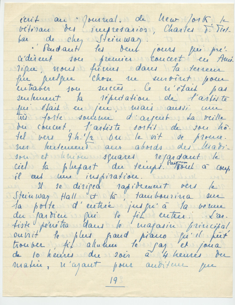 Reproduction manuscrite de divers articles de presse sur Paderewski (sans réf. claires la plupart du temps) par Lydia Opienska-Barblan (probablement tirés d'un pressbook)
