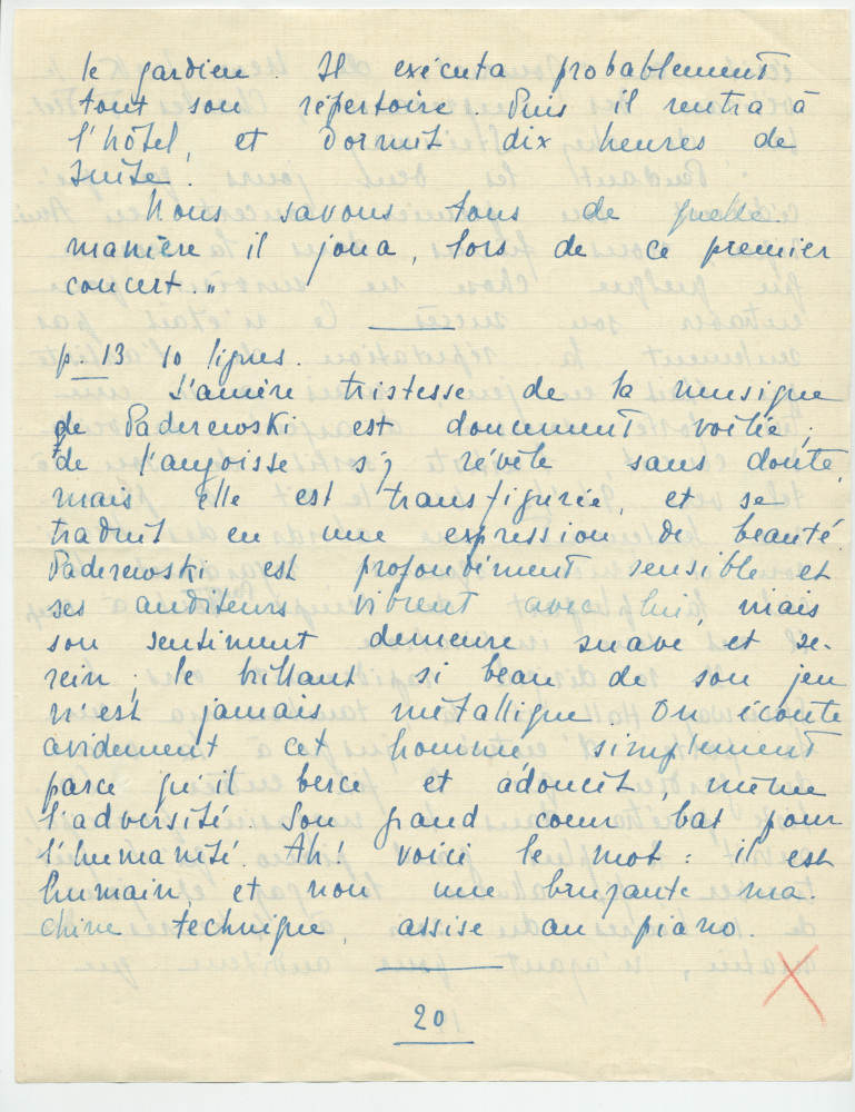 Reproduction manuscrite de divers articles de presse sur Paderewski (sans réf. claires la plupart du temps) par Lydia Opienska-Barblan (probablement tirés d'un pressbook)