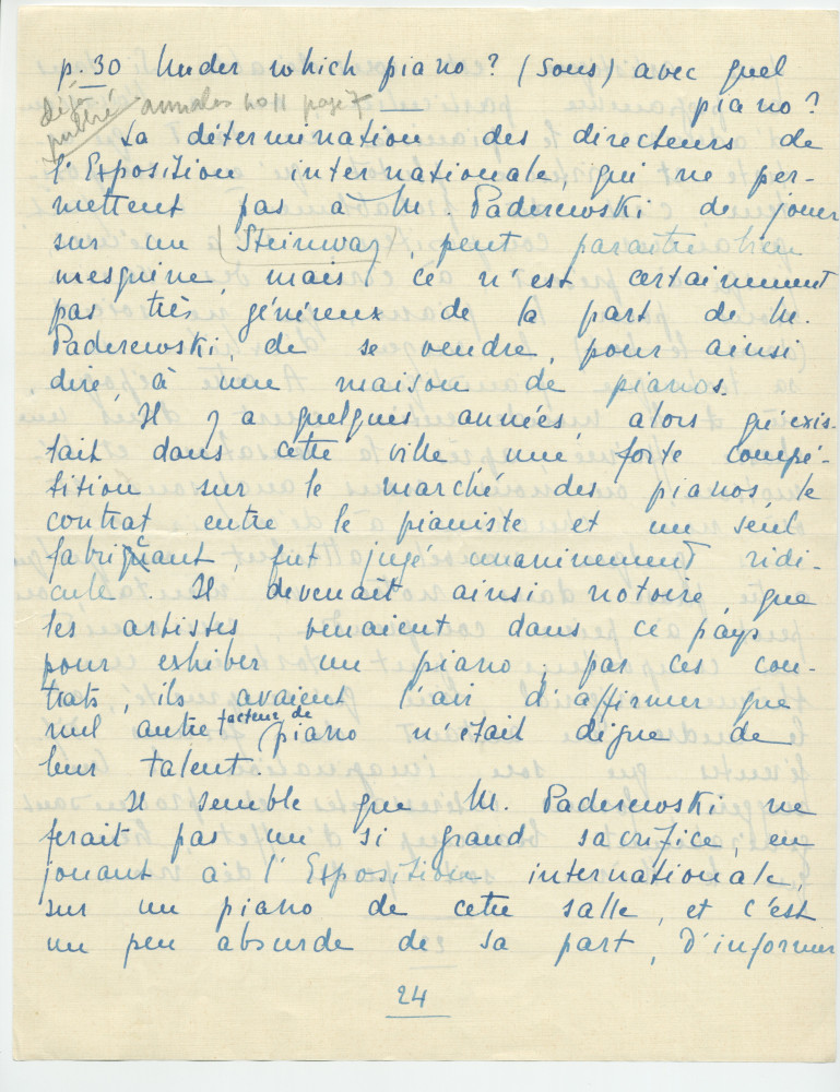 Reproduction manuscrite de divers articles de presse sur Paderewski (sans réf. claires la plupart du temps) par Lydia Opienska-Barblan (probablement tirés d'un pressbook)