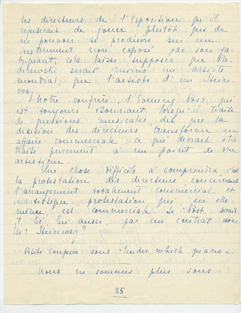Reproduction manuscrite de divers articles de presse sur Paderewski (sans réf. claires la plupart du temps) par Lydia Opienska-Barblan (probablement tirés d'un pressbook)