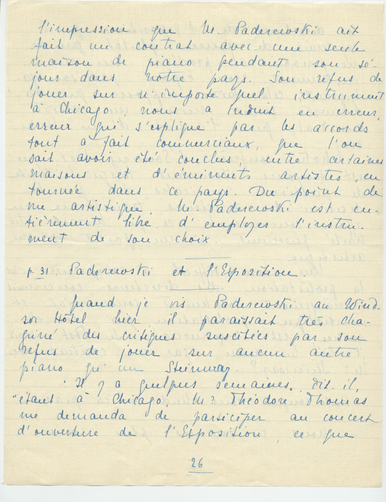 Reproduction manuscrite de divers articles de presse sur Paderewski (sans réf. claires la plupart du temps) par Lydia Opienska-Barblan (probablement tirés d'un pressbook)