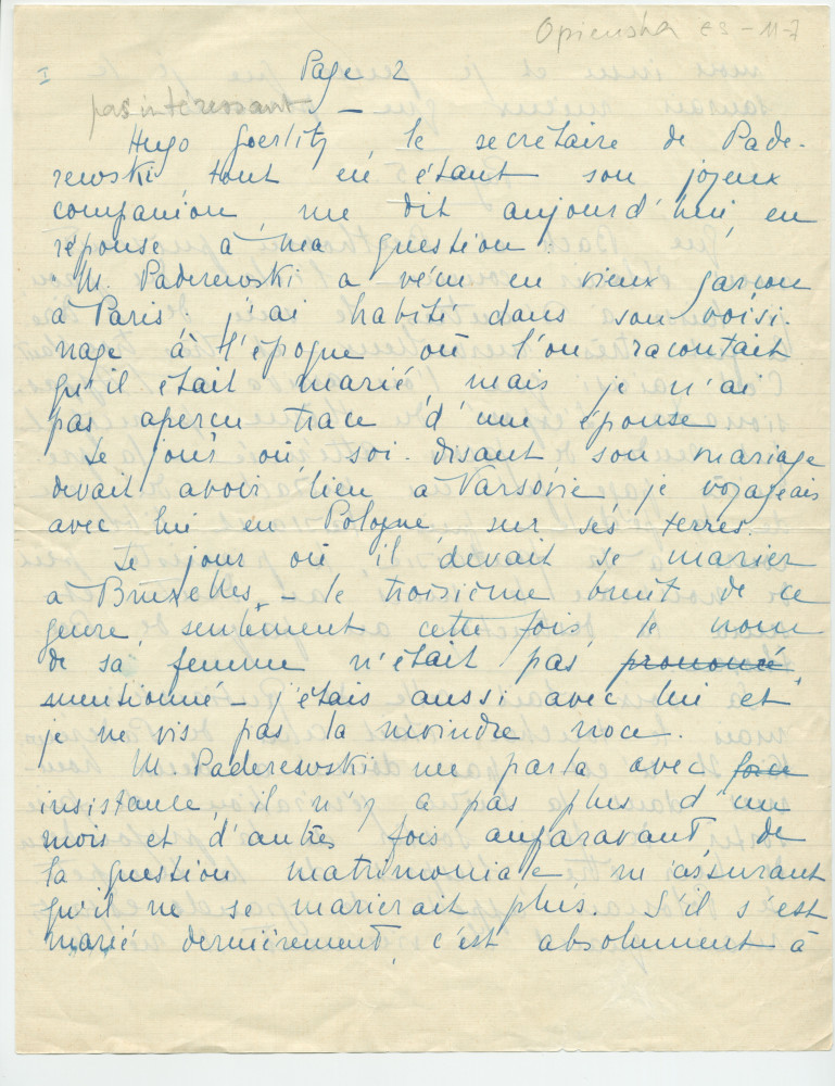 Reproduction manuscrite de divers articles de presse sur Paderewski (sans réf. claires la plupart du temps) par Lydia Opienska-Barblan (probablement tirés d'un pressbook)