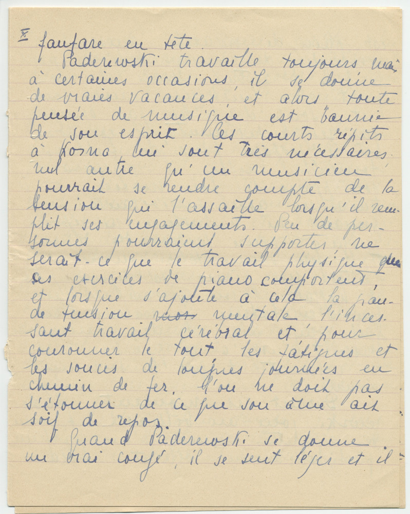 Reproduction manuscrite de divers articles de presse sur Paderewski (sans réf. claires la plupart du temps) par Lydia Opienska-Barblan (probablement tirés d'un pressbook)