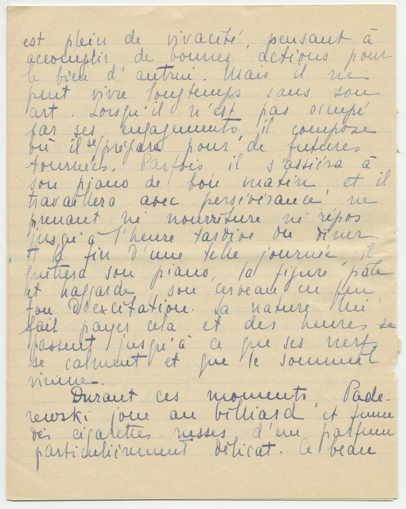 Reproduction manuscrite de divers articles de presse sur Paderewski (sans réf. claires la plupart du temps) par Lydia Opienska-Barblan (probablement tirés d'un pressbook)
