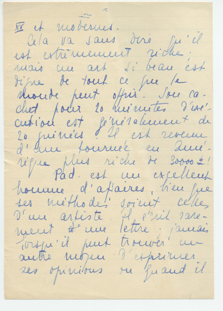 Reproduction manuscrite de divers articles de presse sur Paderewski (sans réf. claires la plupart du temps) par Lydia Opienska-Barblan (probablement tirés d'un pressbook)