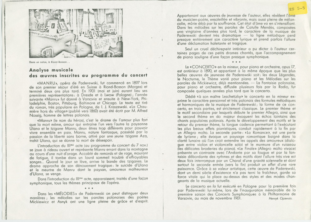 «Analyse musicale des œuvres inscrites au programme du concert» (non identifié) par Henryk Opienski – «Manru», Mélodies, Concerto