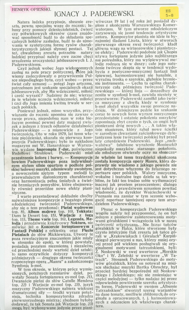 «Ignacy J. Paderewski» – Biographie en polonais rédigée par Henryk Opienski (sans réf.)