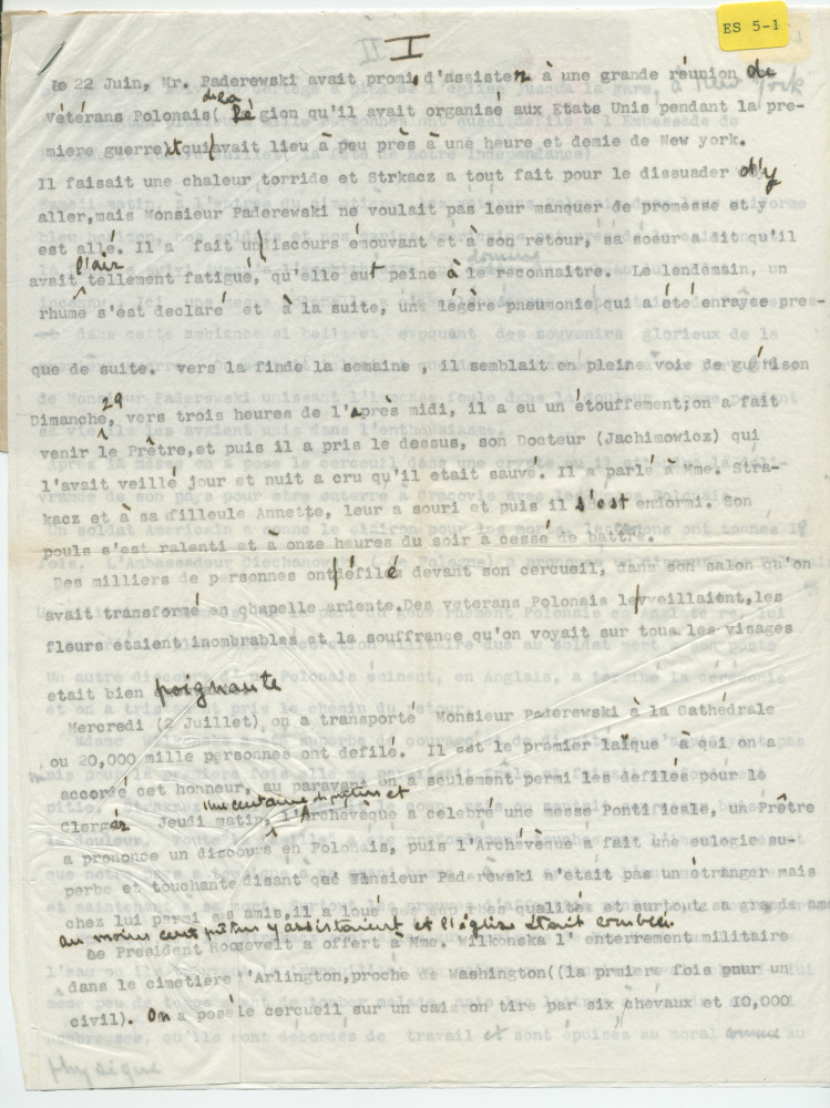 Récit d'Henryk Opienski des derniers jours et de l'enterrement de Paderewski, transmis par poste à Hélène Lübke, ancienne secrétaire d'Hélène Paderewska, en août 1941 – Copie carbone dactylographiée avec corrections et enveloppe – Saisie informatique